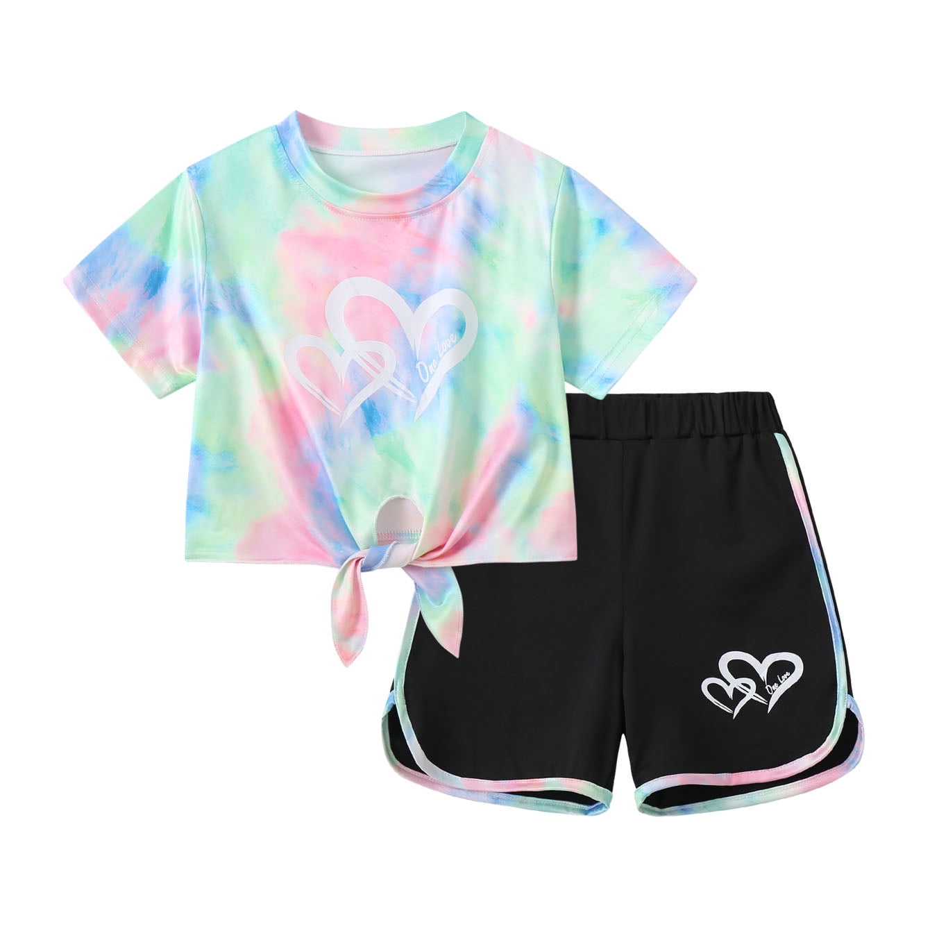 Jolyshlid Girls Summer Outfits 6 Piece Set Tie Dye Heart Print Short Sleeve Tops and Shorts Set Casual Clothing for Kids,Colorful Blue Red,13-14 Years