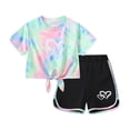 thumbnail image 4 of Fdqin Girls Summer Outfits 6 Pcs Tie-dye Heart Print Casual Short Sleeve Tee Tops and Dolphin Shorts Set Red Colorful Blue Red 4-5 Years, 4 of 9