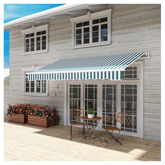12x10 ft Retractable Awning - Patio Sun Shade Shelter, Manual Crank, UV & Water Resistant, Aluminum Frame - Deck, Balcony, Yard - Green & White
