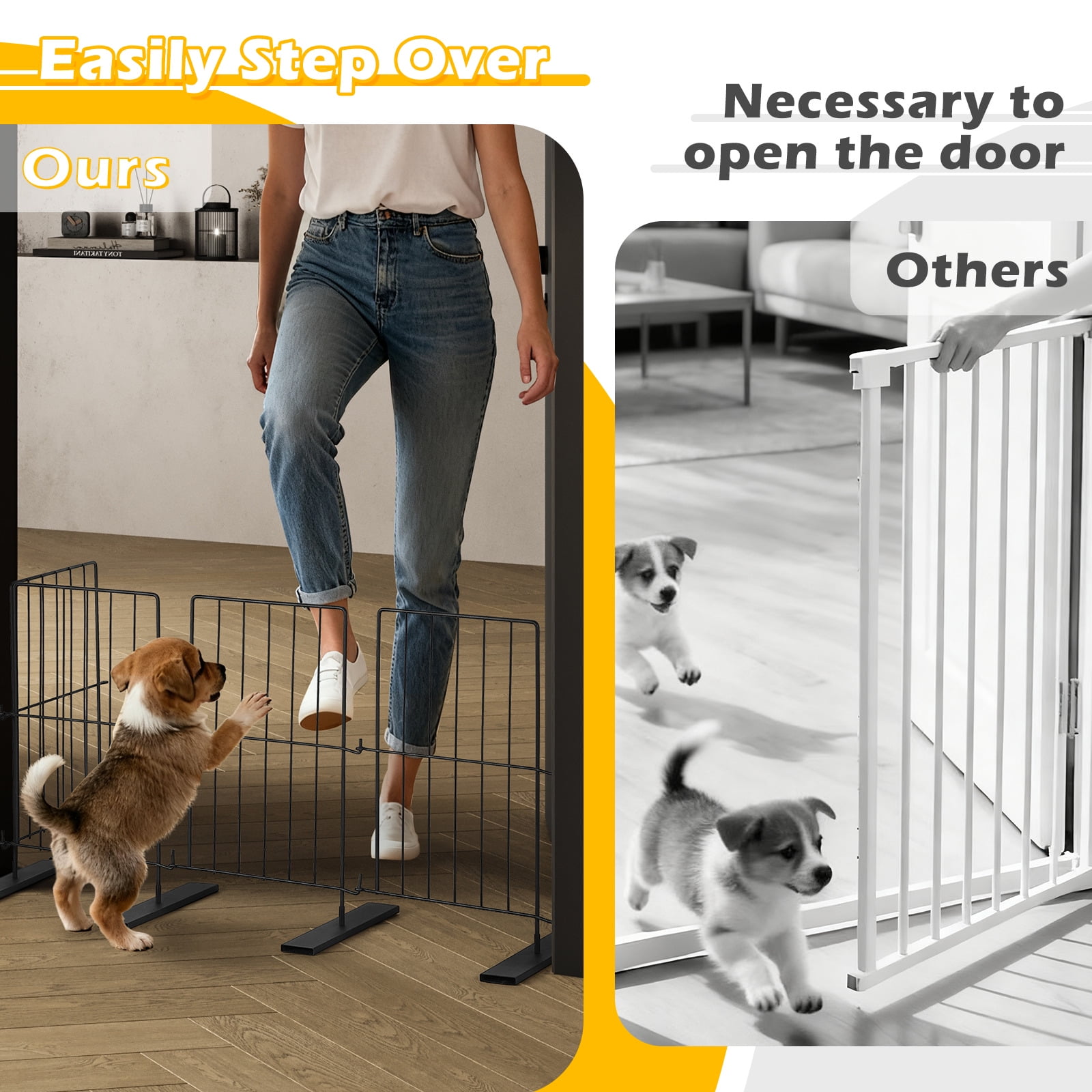 Black Pet Gate for Stairs - 4-Panel Freestanding Dog Fence, Expandable Cat Barrier with Anti-Escape Design, Drill-Free Installation for Home