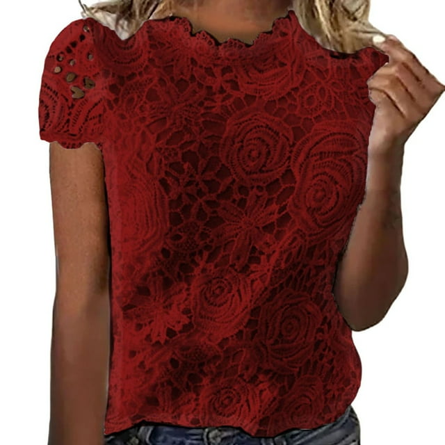 NINGMENG Womens Tops Spring Summer Solid Color Round Neck Short Sleeve Lace Tops Pullover Tee Shirts Daily-Wear,Red,L