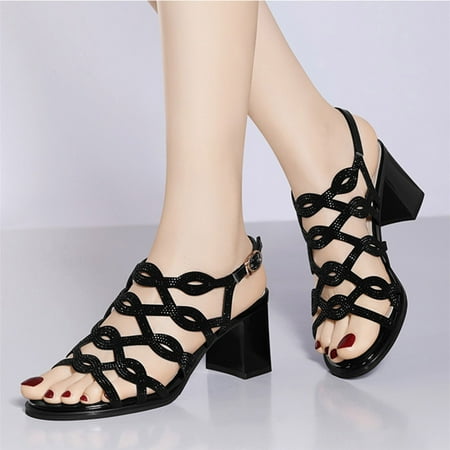 

Cathalem Fashion Spring And Summer Thick Heel Women Sandals Midlle Heel Rhinestone Hollow Buckle Arch Supports for Womens Sandals Black 8