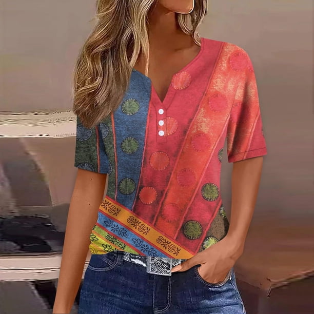 Fiudx Ofertas Relámpago Blusa de Manga Corta Estampada a La Moda para Mujer, Blusas Informales con Cuello Redondo