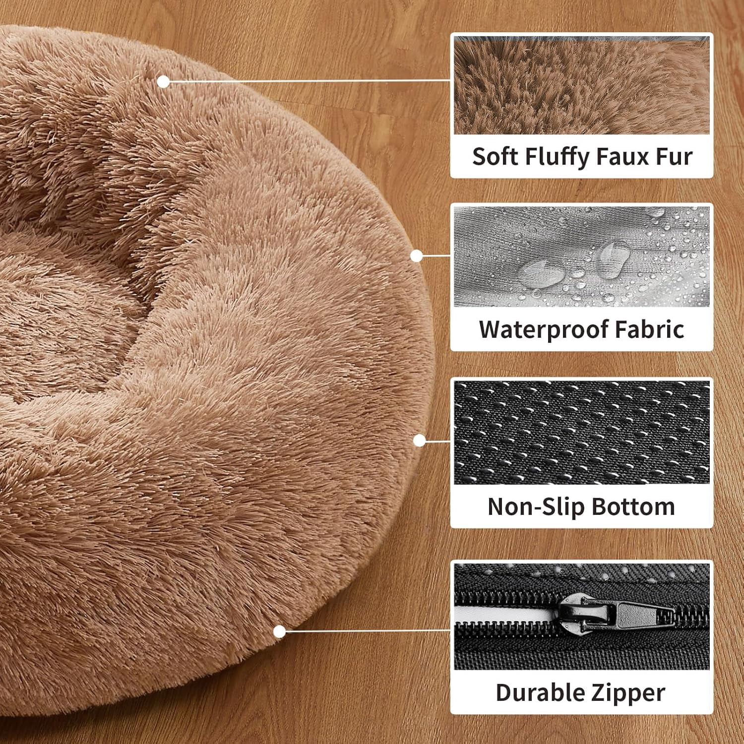 Calming Donut Cat Bed Pillow for Small Pets, Machine Washable Removable Cover, Comfort Plush Fluffy Faux Fur with Anti-Slip Bottom, Dogs-Friendly Round Cuddly Design, Ocher, 20 inches