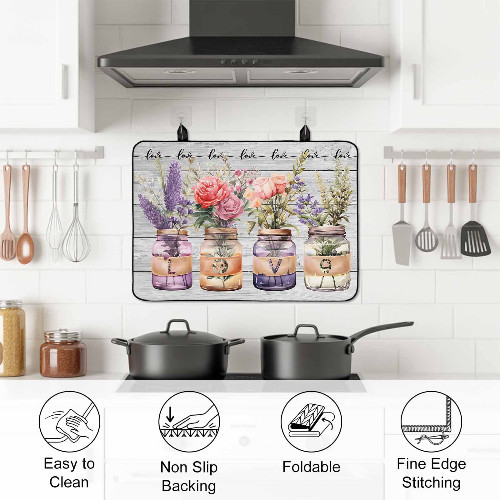 Valentine's Day, Stove Top Cover for Electric Stove, Heat-proof & Non Slip Glass Top Stove Cover Protector, Retro Lavender Roses Flowers Leaves Bottle Kitchen Flat Cooktop Rubber Mat 24x21 Inches