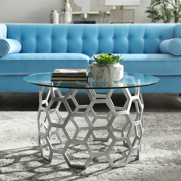 Inspired Home TArdeni Round Coffee Table with Geometric Hexagon Metal Frame, Silver