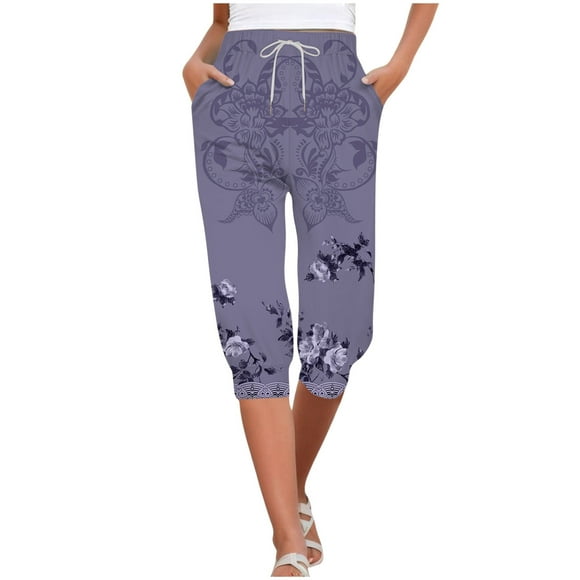 TJAZFJPA Womens Slacks for Work Business Casual Long Capris for Women Casual Print Pants High Waist Bottom Drawstring Joggers Casual Pants Womens Sweatpants Joggers Bundle Purple Sweatpants