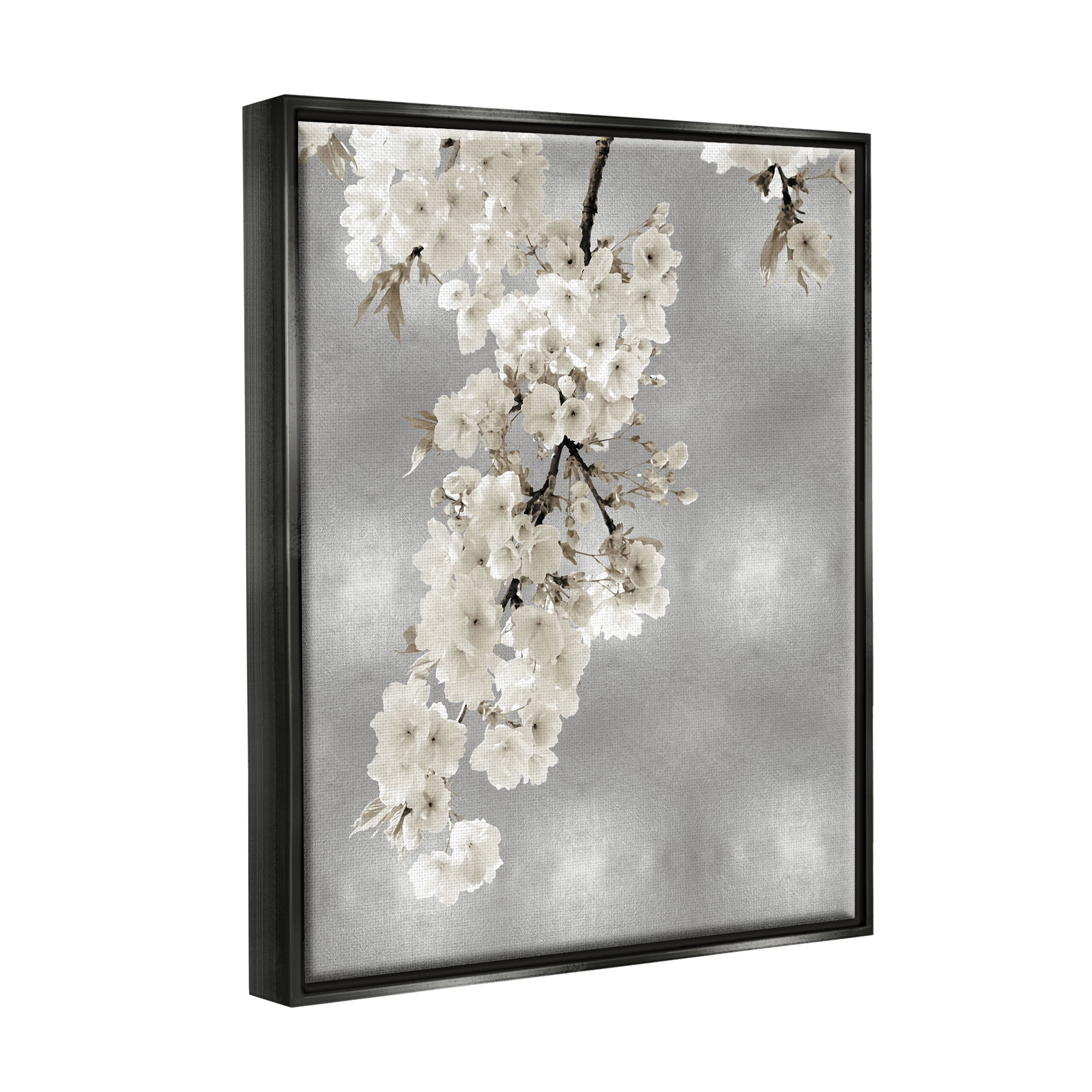 Stupell Industries Cherry Blossoms on Grey Botanical & Floral Painting Black Floater Framed Canvas Art Print Wall Art, 17 x 21