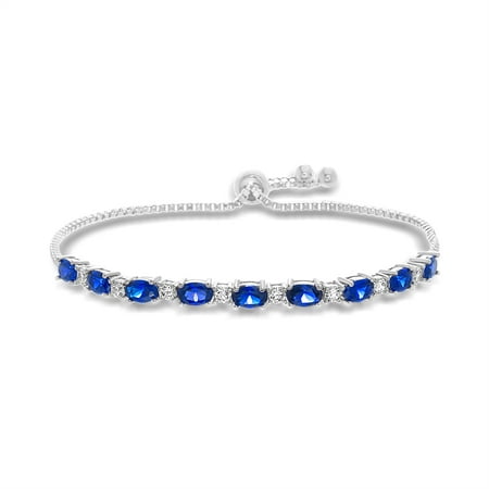 Prong Set Tennis Bracelet - Inspired by You Oval Prong Set Simulated Blue Sapphire and Round Cubic Zirconia Adjustable Bridal Tennis Bracelet for Women in Rhodium Plated 925 Sterling Silver