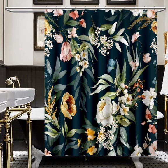 Ink Floral Shower Curtain, Colorful Flower Shower Curtain for Bathroom, Waterproof Fabric Shower Curtain Set