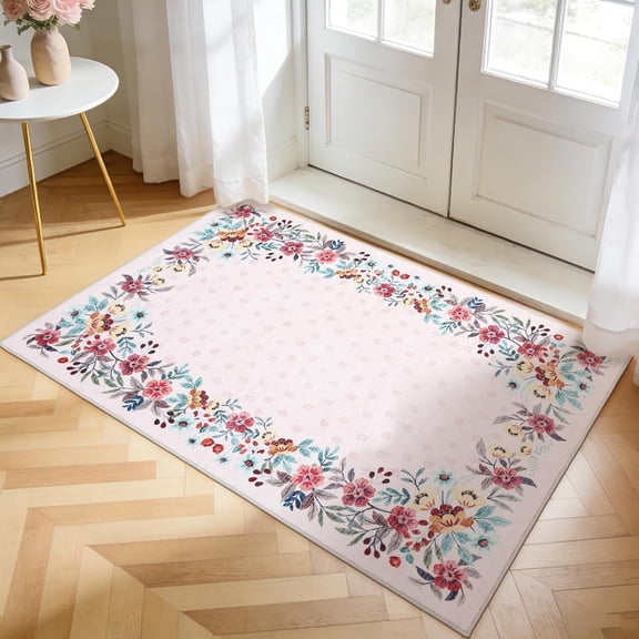 Pink 2x3 Entryway Rug, Washable Floral Area Rug with Non-Slip Backing, Low-Pile Small Carpet for Bedroom Kitchen Living Room