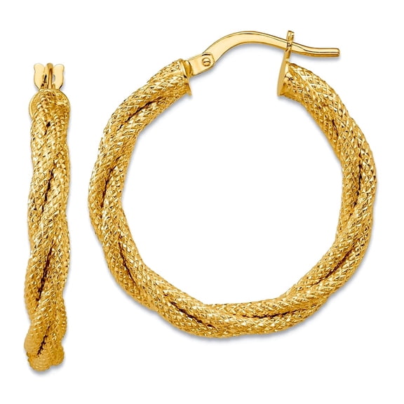14k Solid Yellow Gold Polished and Textured Twisted Round Hoop Earrings 26.2x26.85mm Wide 3.5mm Thick Hoop Earring for W