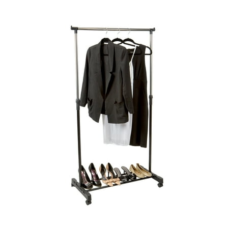 Simplify Single Tier Adjustable Height Rolling Garment Rack, Metal, Black and Silver