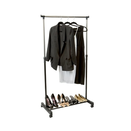 Simplify Single Tier Adjustable Height Rolling Garment Rack, Metal, Black and Silver