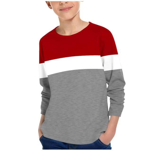 T-shirts Rouges Garçon Fille Détente Sortie pour Enfants Garçon Fille Automne Hiver Manches Longues Col Rond à Blocs de Couleur Coupe Ample Chaud T-Shirt Basique Hauts Enfant 2025 Vêtements 9 Ans