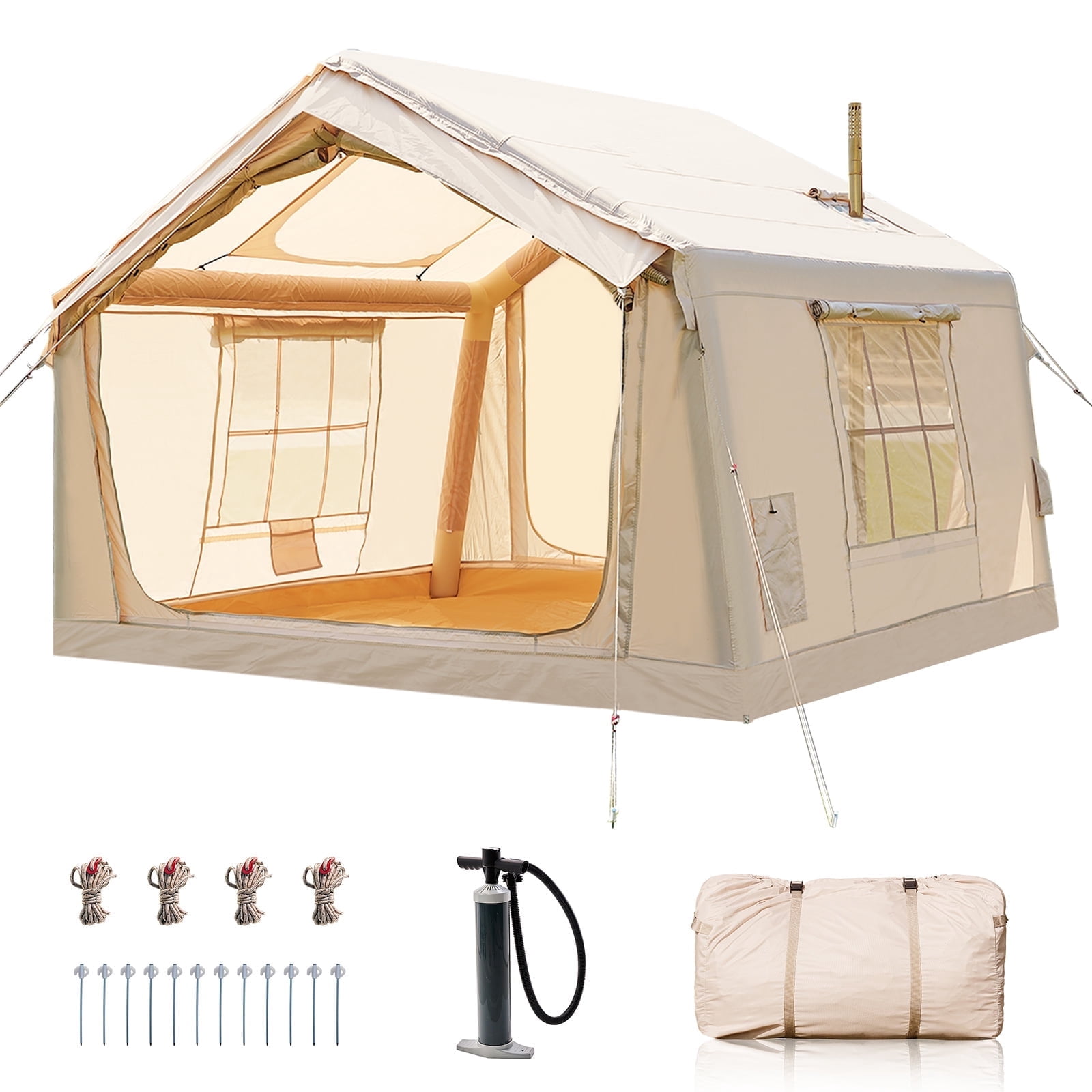 MOPHOTO 4-6 Person Inflatable Tents for Camping, Blow Up Tent with Hand Pump, Easy Setup Inflatable Hot Tent with Stove Jack, Waterproof Oxford Air Glamping Tents for Camping Adult