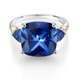 thumbnail image 2 of Gem Stone King 925 Silver and 10K Yellow Blue Created Sapphire and Diamond Ring for Women (9.59 Cttw, 12MM Cushion and 5mm Trillion) (Size 5), 2 of 3
