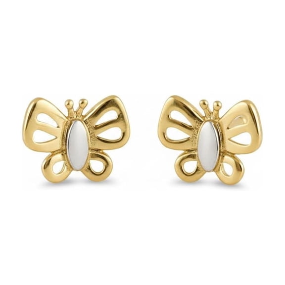 14K Solid White and Yellow Gold Tiny Butterfly Stud Earrings - 0.20in