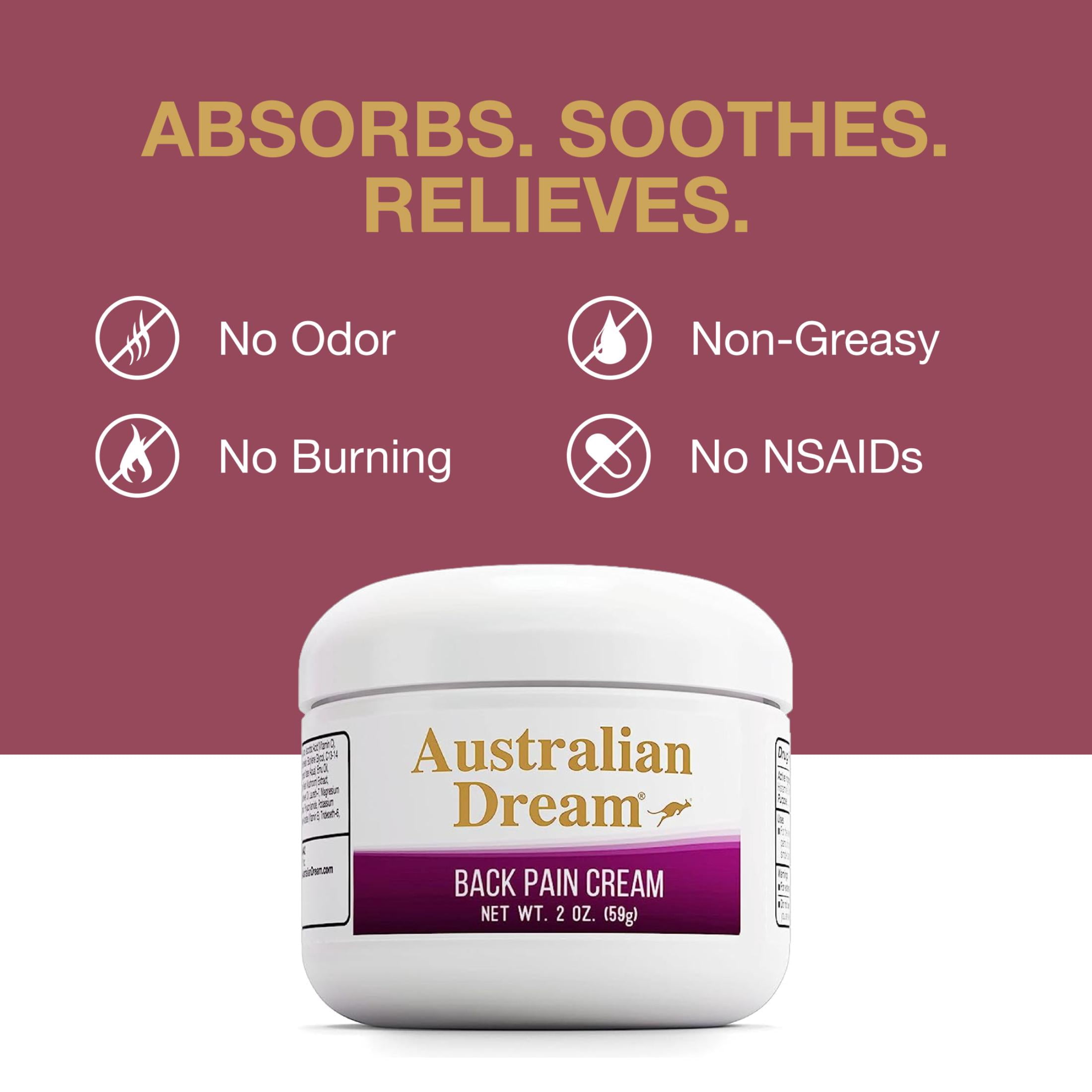 (3 pack) Australian Dream Back Pain Cream - Soothing, Non-Greasy Muscle Pain Relief Cream - Good for Neck, Back, Body, or Muscle Aches - 2 oz Jar