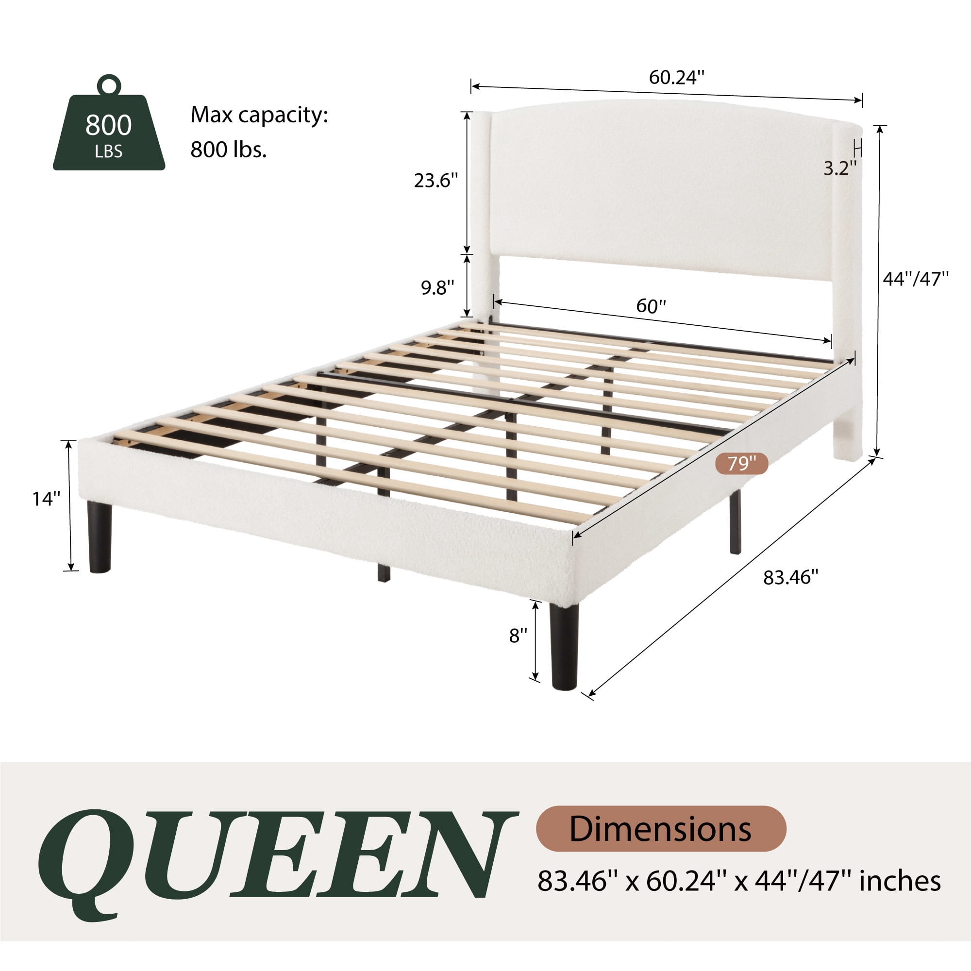 Amolife Queen Bed Frame, Platform Upholstered Bed with Soft Teddy Fabric Curved Headboard, White