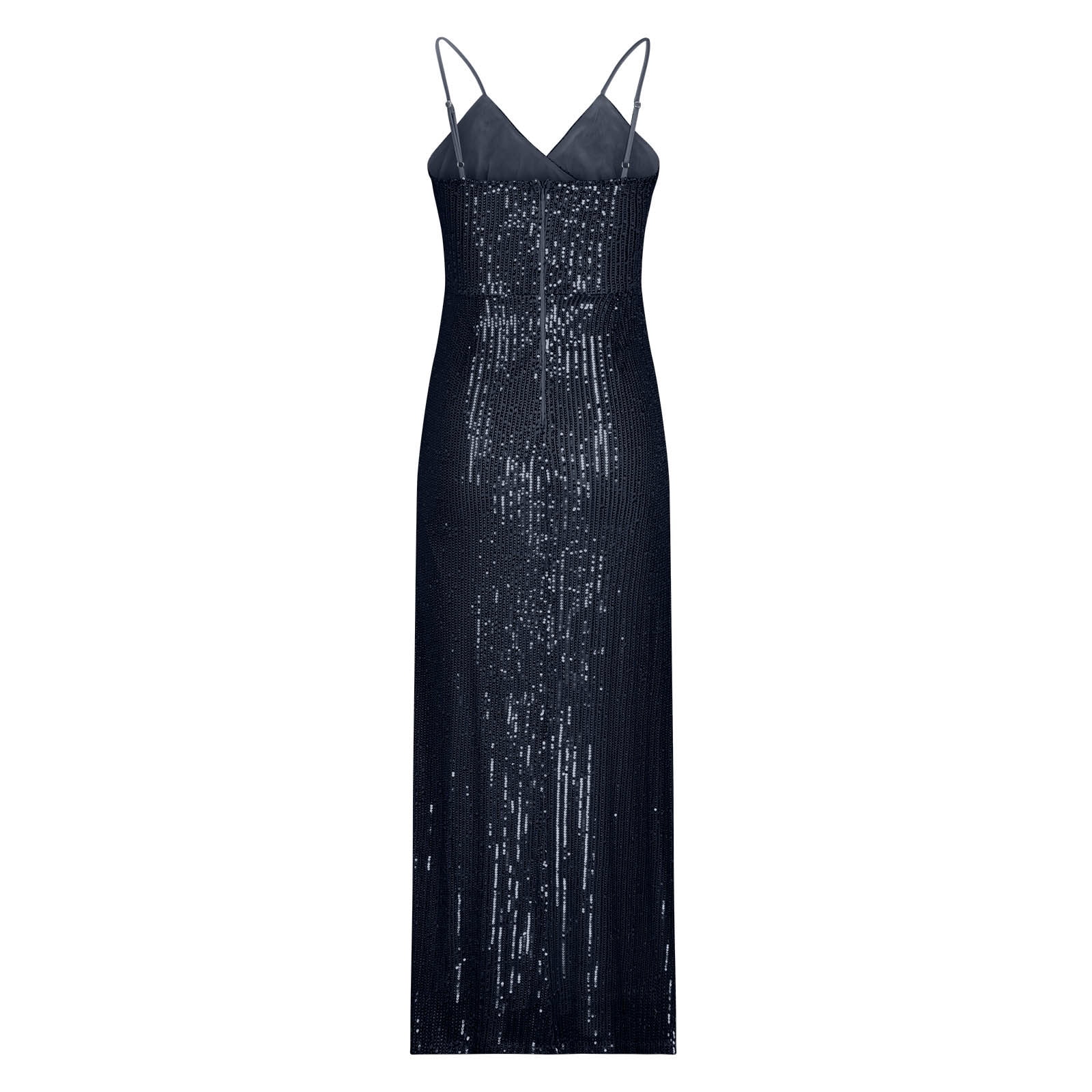 Glitter Sequin Long Maxi Dress for Women with Slit, Sleeveless V Neck Sexy Elegant Fitted High Split Party Gown (Medium, Dark Blue)