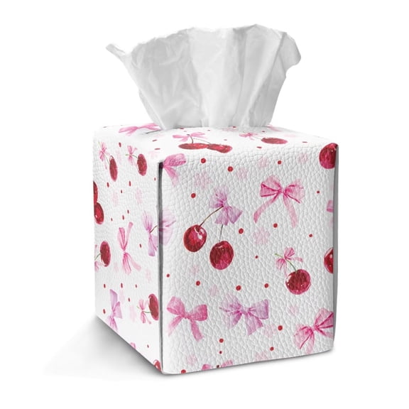 COEQINE PU Leather Square Tissue Box Cover, Snap Closure for Easy Refill & Storage, Universal Decorative Tissue Holder for Home Bedroom Car Office Desk, Pink Bow Cherry