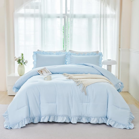 Juego de cama ANGIYUIN Twin azul claro con volantes, 5 piezas