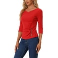 thumbnail image 4 of INSPIRE CHIC Women's Ruched Blouse Button Decor V Neck 3/4 Sleeve Solid Knit Top XL Red, 4 of 6