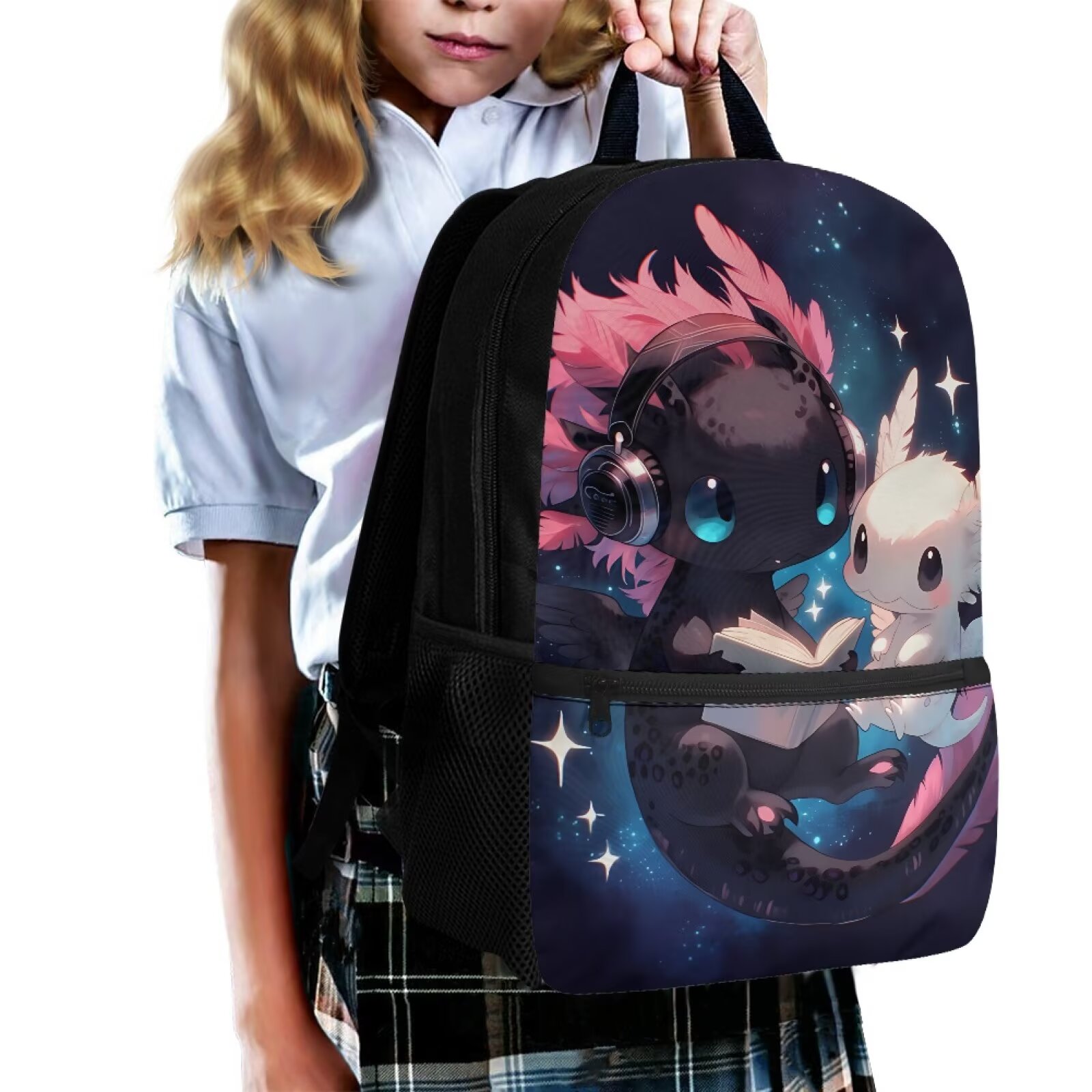 Mochila escolar para niños con estampado de ajolote galaxia, 17 pulgadas, gran capacidad, compartimento para laptop, correas ajustables, regalo para inicio de clases 3