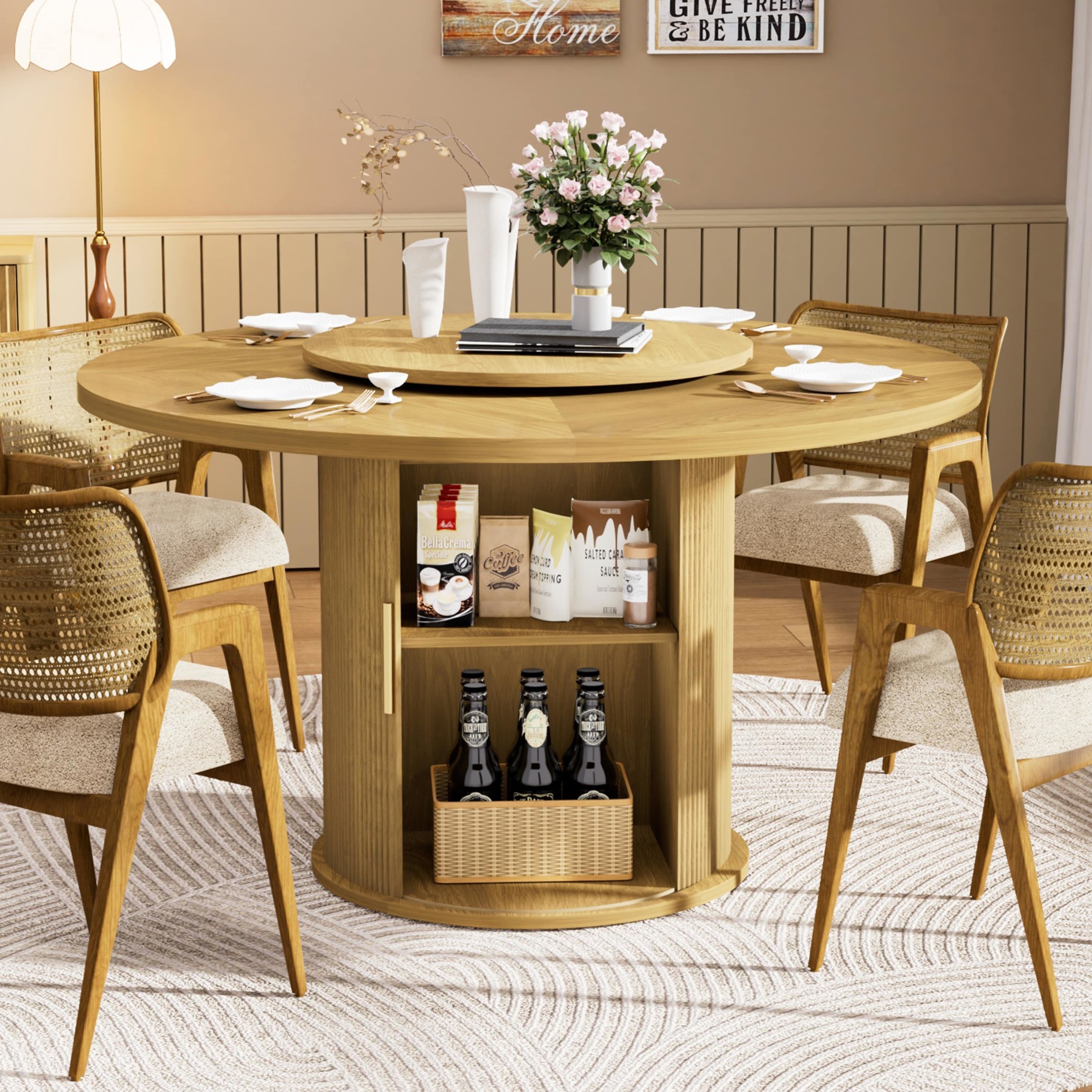 Noble House 55" Round Dining Table for 6, Double-Tier Storage, Rotating Tray, Wavy Sliding Doors, Walnut