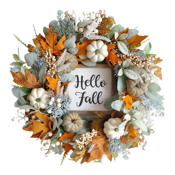 Garland-Fall Decor-Halloween Garland-24 Inch Thanksgiving Fall Wreath Berries Pumpkins Lamb Ears Leaves Autumn Wreaths for Front Door Fall Decor Porch Wall Home Outdoor Holiday Decorations Wreath