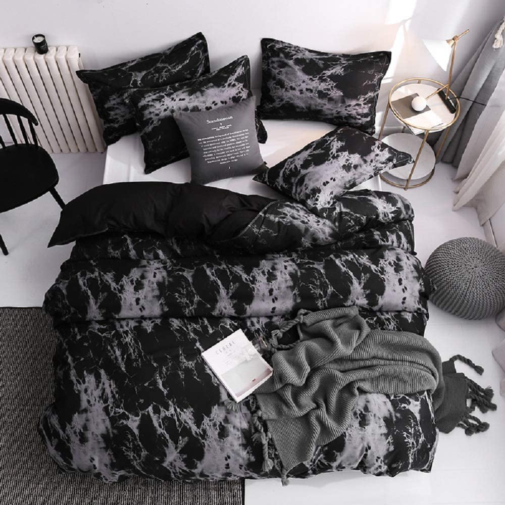 Decorative 3 Piece Duvet Cover with 2 Pillow Shams Marble Bedding Set Granite Surface with Stormy Natural Mineral Stone Pattern Comforter Cover Full Size for Kids Teens Adult Women Black White