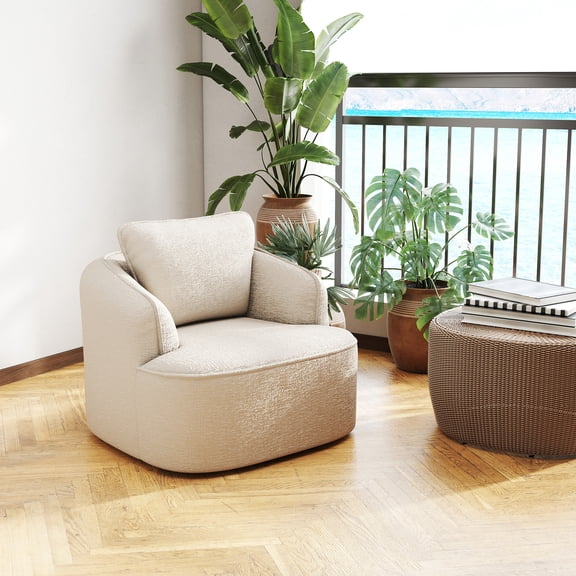 Meeyar Swivel Accent Chair with a Back Cushion, Comfy Chenille Barrel Chairs for Living Room Bedroom, Beige