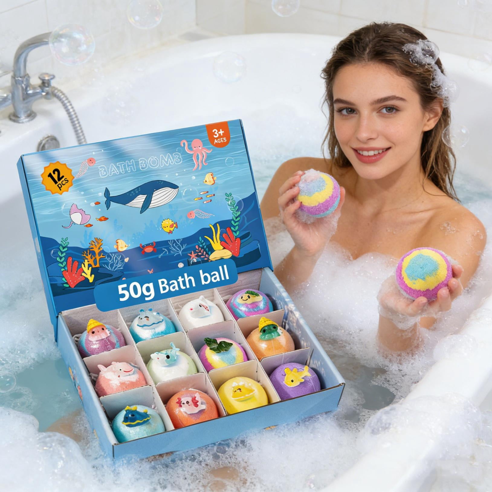 Bath Bomb With Surprise Inside,Bath Bomb Eggs,Bath Bombs with Surprise Inside, Bubbly Buddies Bath Bombs, Ocean Theme Bath Fizzies, Natural Sea Salt Color Changing Spa Bath Balls(12pcs/Set)