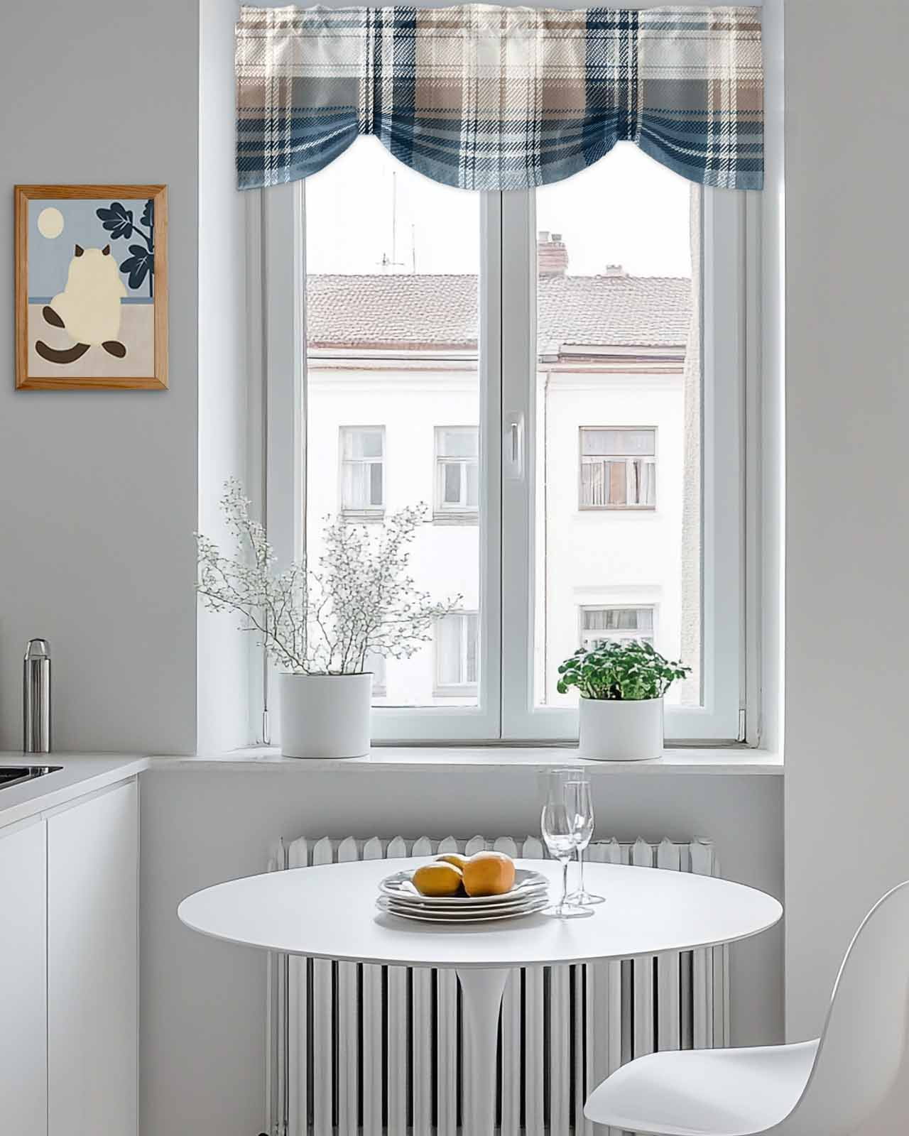 Vintage Plaid Tie Up Valances Curtain, Adjustable Kitchen Blue Brown White Plaid Texture Cotton Valances for Windows Decor, Rod Pocket Short Curtains Set for Bedroom/Bathroom, 60"x18"