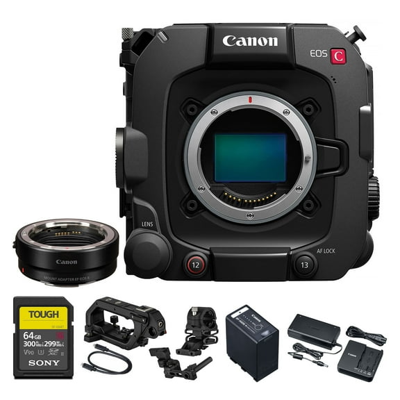 Canon EOS C400 Cinema Camera – Full-Frame 6K RF Mount Cinema Camera with BSI Sensor, 6K RAW, Dual Pixel CMOS AF & Pro Connectivity (6388C002)   Canon Adapter EF-EOS R   64GB Memory Card
