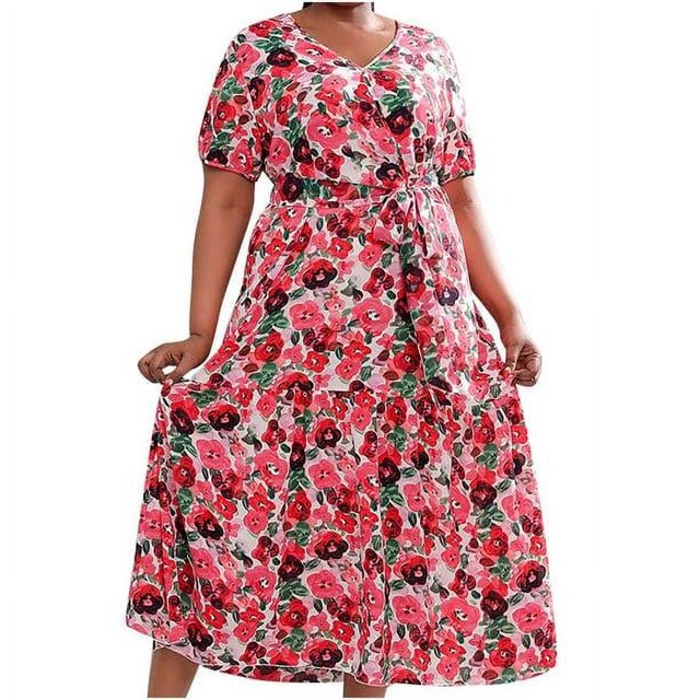 Plus Size Summer Dresses for Women V-Neck Short Sleeve Bohemian Maxi Dress Loose Flowy Belted Beach Long Sun Dress