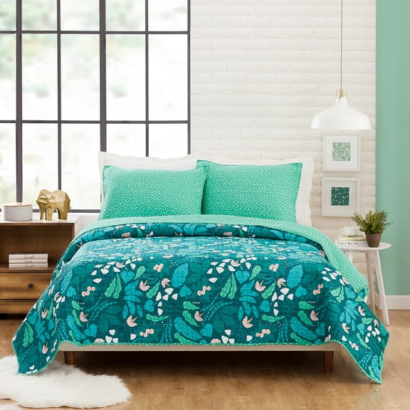 Makers Collective Jungle Floral Green 3-Piece Quilt Set, Full/Queen