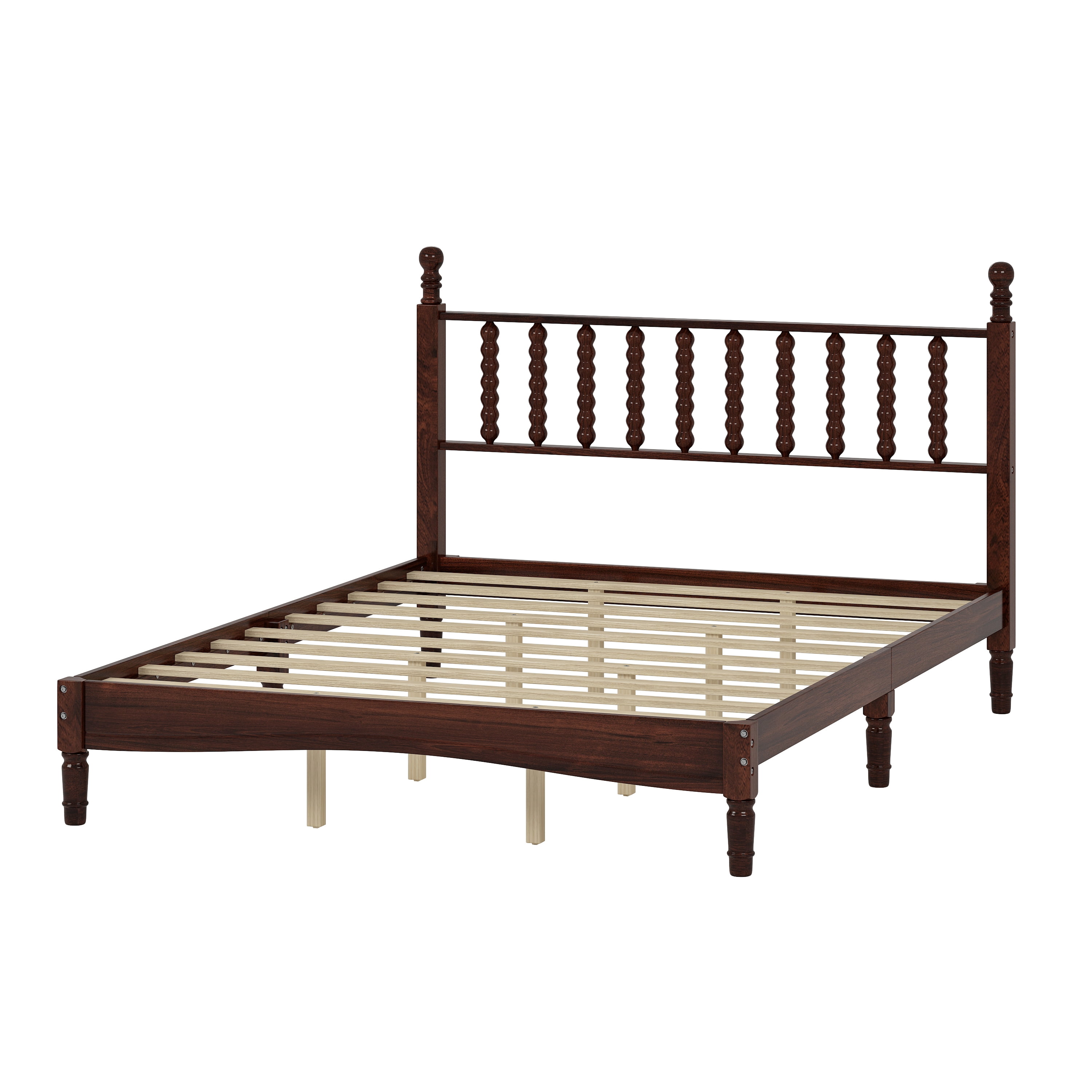 Euroco Wood Retro Style Queen Size Platform Bed with Slats for Living Room, Walnut