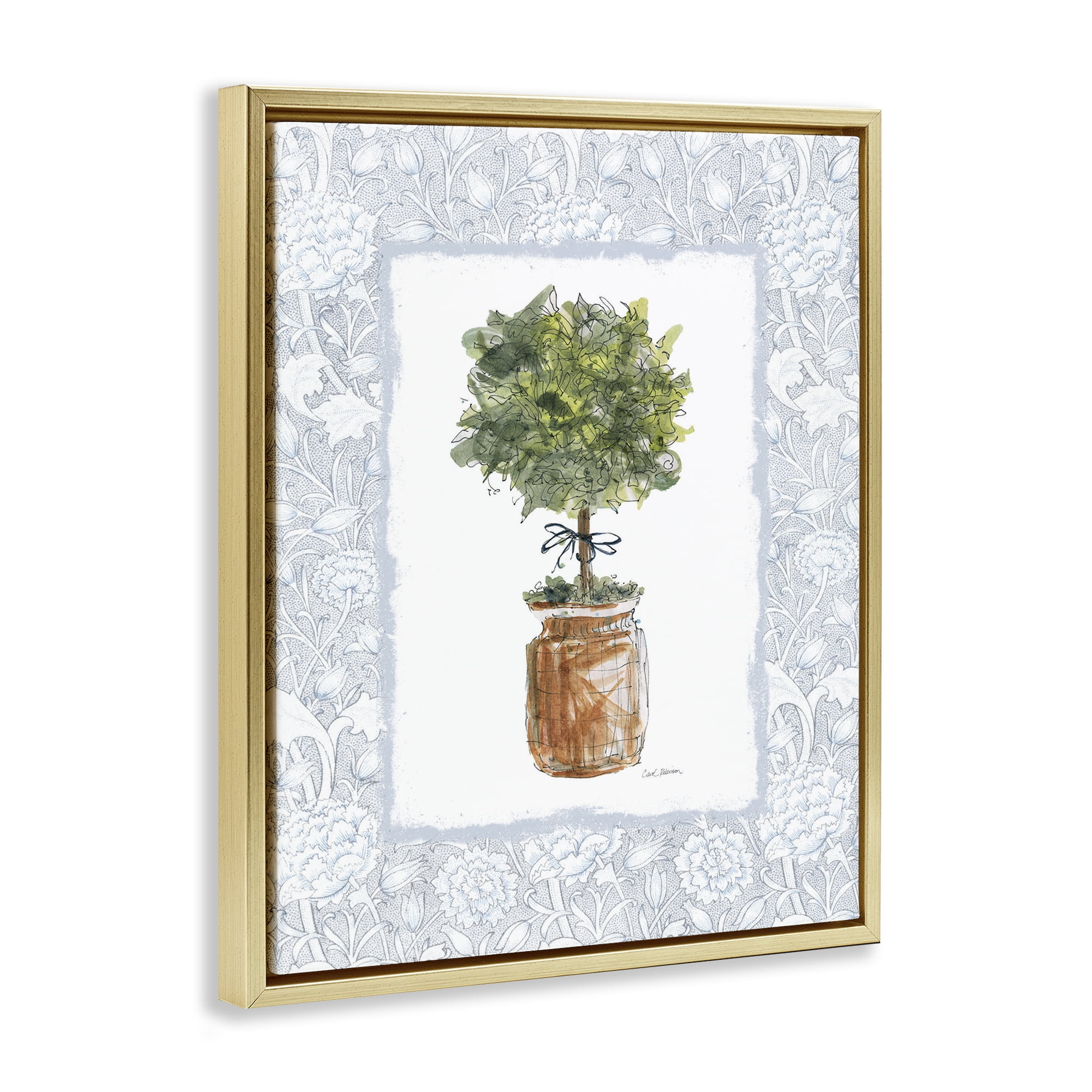 Stupell Industries Potted Topiary with Ribbon Gold Framed Floater Canvas Wall Art, design by Carol Robinson