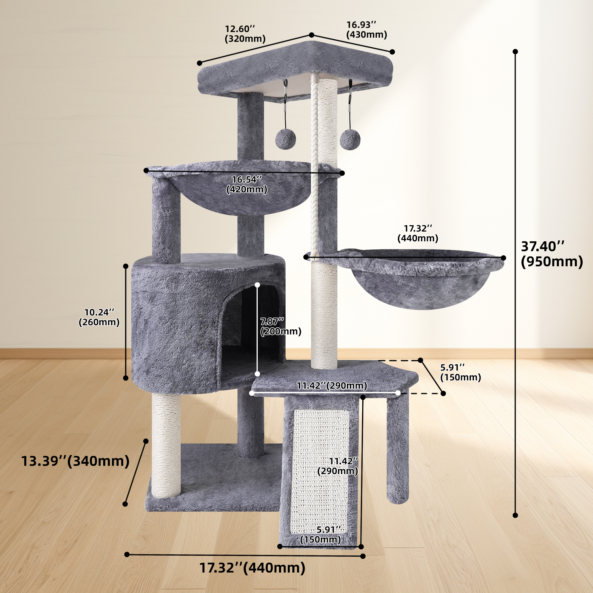 AIWIKIDE 37.4" Cat Tree with Condo and Two Hammocks, Grey photo 2