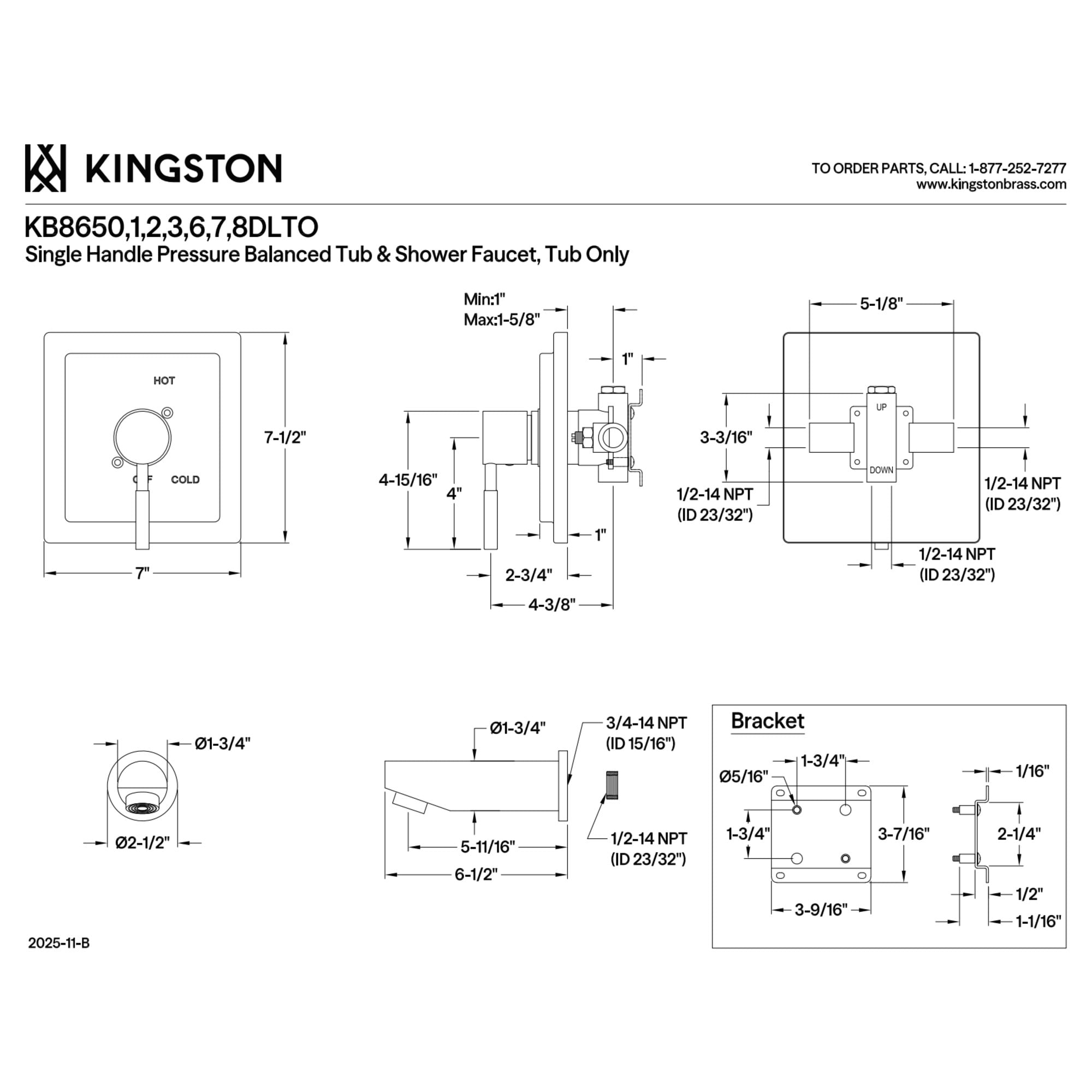 Kingston Brass KB8658DLTO Concord Single-Handle Pressure Balanced Tub Faucet in Brushed Nickel