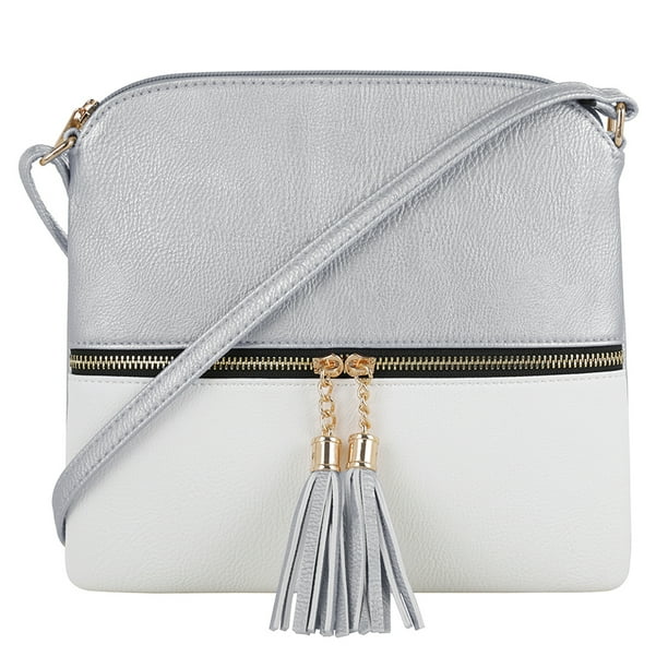 Lightweight Colorblock Medium Crossbody Bag with TasselSilver/White