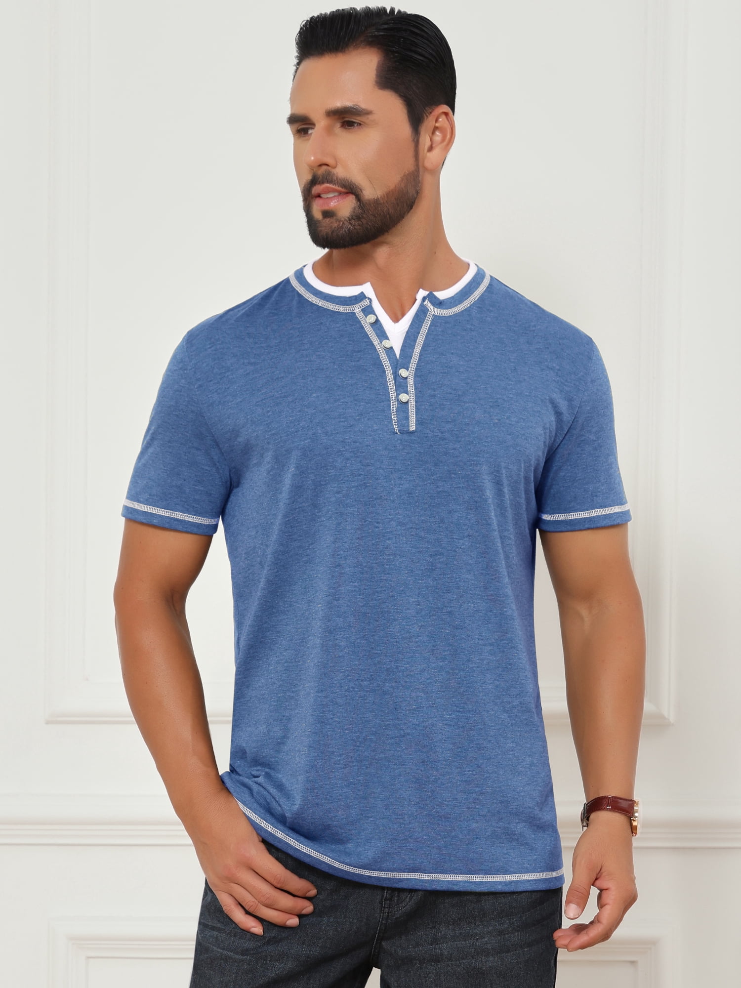 DARING DIVA Men's Henley V-Neck Colorblock Button Down Short Sleeve T-Shirt S Blue