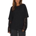 thumbnail image 3 of Arlun Women's Lace 2 in 1 Long Sleeve T Shirts Casual Solid Color Classic Crewneck Loose Pullover Tops 2026 Fall Fashion Soft Lightweight Comfort Drop Shoulder Tees 1-Black XL, 3 of 6
