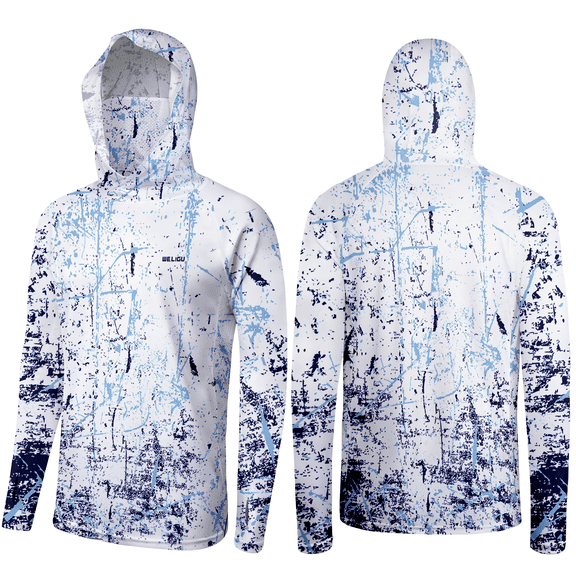 WELIGU UPF 50 Men's Sun Protection Hoodie with Face Mask & Gaiter, Breathable Long Sleeve Fishing Hiking Shirt White Ink M