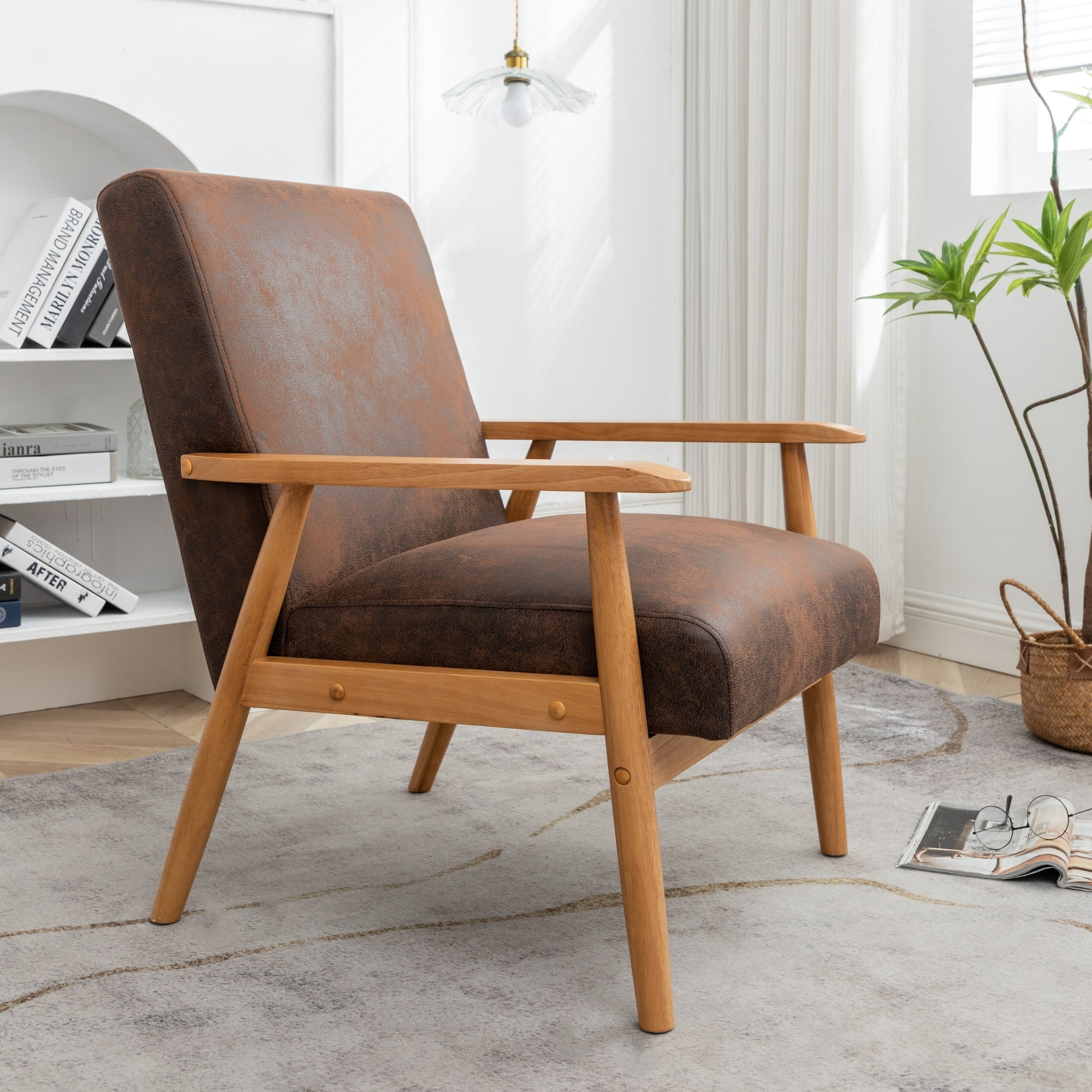 MOONMISS Mid-Century Modern Arm Chair,Classic Vintage Open-Framed Accent Chair,Light Brown
