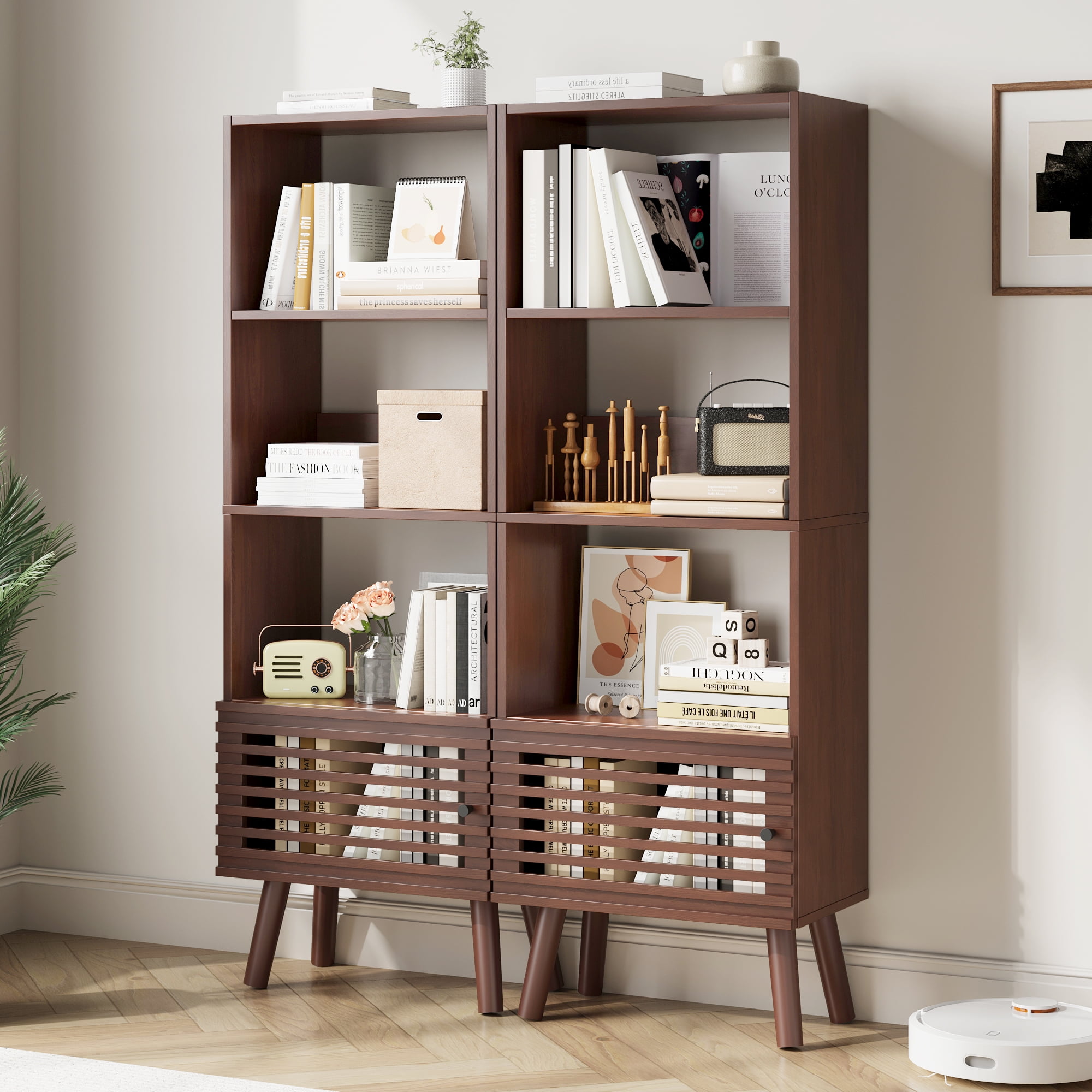 Mid-Century Modern Bookshelf with Slatted Door, 55" H Small Narrow Corner Bookcase, 4 Cube Bookcase with Open Shelf, Display Storage Cabinet for Living Room, Home Office, Walnut