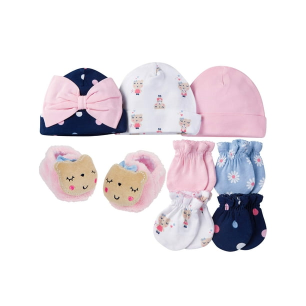 Gerber Newborn Baby Girl Caps, Mittens and Booties Accessory Set, 8