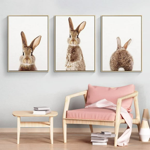 3 Pieces Kawaii Rabbit Canvas Painting Print Brown Bunny Wall Art Pictures Nordic Woodland Animal Poster for Kid Bedroom Decor With Wooden Inner Frame